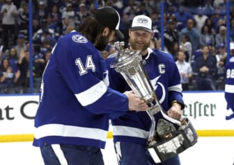 Jun 11, 2022; Tampa, Florida, USA; Tampa Bay Lightning center Steven Stamkos (91) celebrates with left wing Pat Maroon (14) as he holds the Prince of Wales Trophy after defeating the New York Rangers in game six of the Eastern Conference Final of the 2022 Stanley Cup Playoffs at Amalie Arena. Mandatory Credit: Kim Klement-USA TODAY Sports