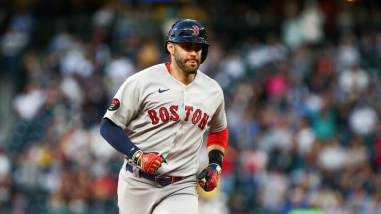 Jun 11, 2022; Seattle, Washington, USA;  Boston Red Sox designated hitter J.D. Martinez (28) runs the bases after hitting a two run home run against the Seattle Mariners during the fifth inning at T-Mobile Park. Mandatory Credit: Lindsey Wasson-USA TODAY Sports