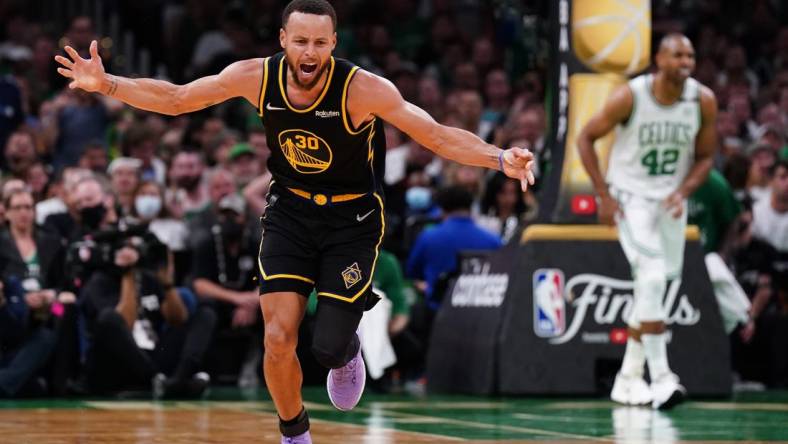 Jun 10, 2022; Boston, Massachusetts, USA; Golden State Warriors guard Stephen Curry (30) reacts after a no foul call against the Boston Celtics during game four of the 2022 NBA Finals at TD Garden. Mandatory Credit: David Butler II-USA TODAY Sports