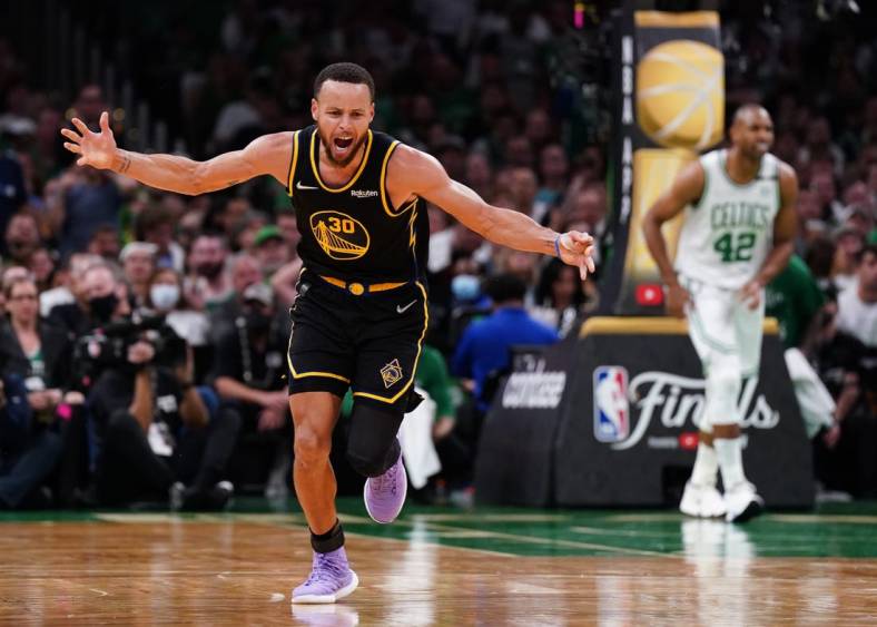 Jun 10, 2022; Boston, Massachusetts, USA; Golden State Warriors guard Stephen Curry (30) reacts after a no foul call against the Boston Celtics during game four of the 2022 NBA Finals at TD Garden. Mandatory Credit: David Butler II-USA TODAY Sports