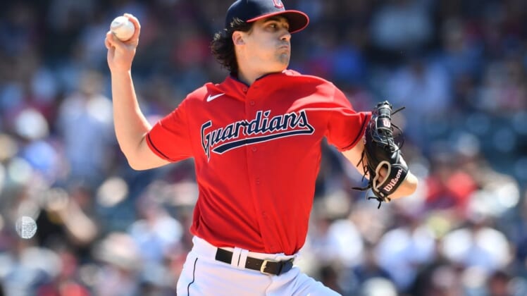 Jun 12, 2022; Cleveland, Ohio, USA; Cleveland Guardians starting pitcher Cal Quantrill (47) throws a pitch during the first inning against the Oakland Athletics at Progressive Field. Mandatory Credit: Ken Blaze-USA TODAY Sports