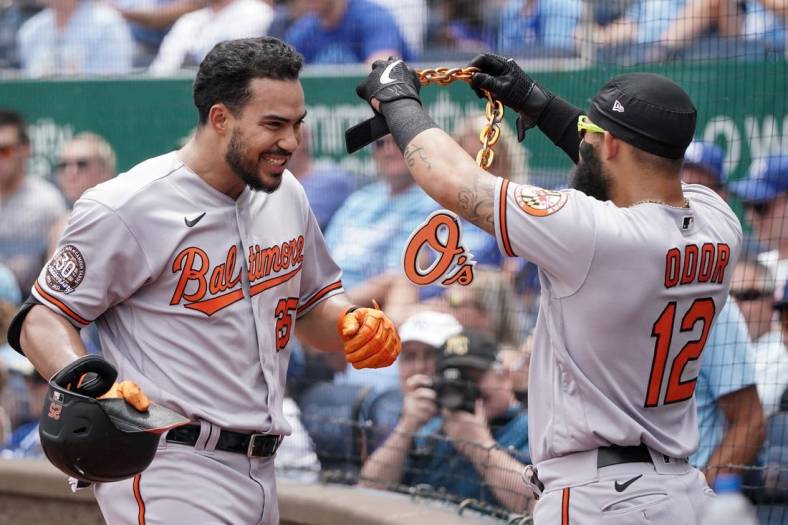Jun 12, 2022; Kansas City, Missouri, USA; Baltimore Orioles left fielder Anthony Santander (25) celebrates with second baseman Rougned Odor (12) after hitting a solo home run against the Kansas City Royals in the first inning at Kauffman Stadium. Mandatory Credit: Denny Medley-USA TODAY Sports