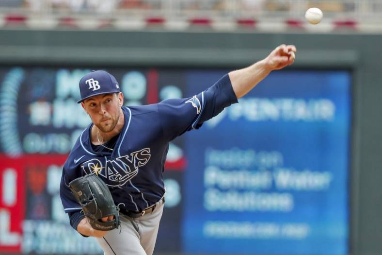 Jun 12, 2022; Minneapolis, Minnesota, USA; Tampa Bay Rays starting pitcher Jeffrey Springs (59) throws to the Minnesota Twins in the second inning at Target Field. Mandatory Credit: Bruce Kluckhohn-USA TODAY Sports