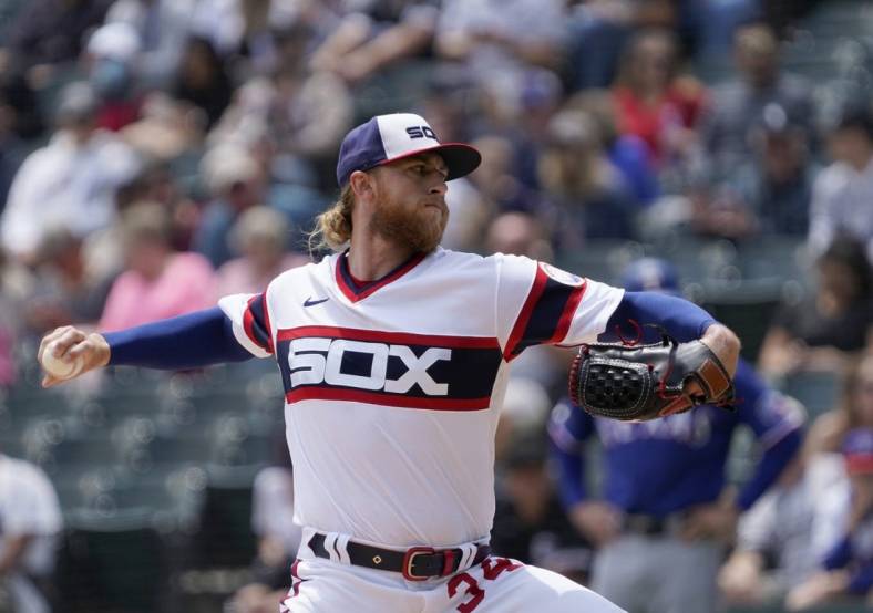 Jun 12, 2022; Chicago, Illinois, USA; Chicago White Sox starting pitcher Michael Kopech (34) throws the ball against the Texas Rangers during the first inning at Guaranteed Rate Field. Mandatory Credit: David Banks-USA TODAY Sports