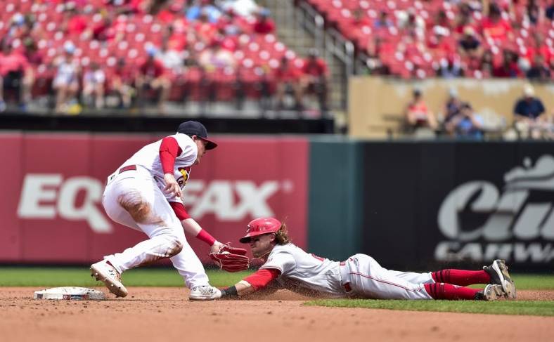 Jun 12, 2022; St. Louis, Missouri, USA;  Cincinnati Reds left fielder TJ Friedl (29) is tagged out by St. Louis Cardinals second baseman Nolan Gorman (16) as he attempts to steal second base during the fourth inning at Busch Stadium. Mandatory Credit: Jeff Curry-USA TODAY Sports