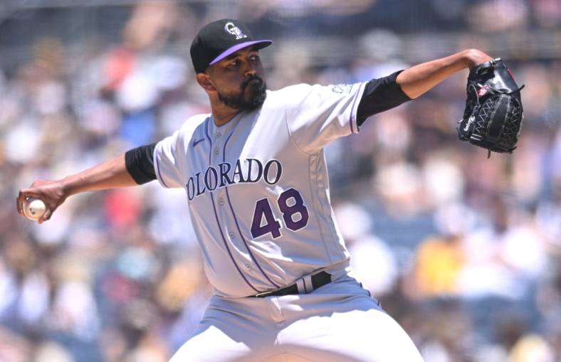 Jun 12, 2022; San Diego, California, USA; Colorado Rockies starting pitcher German Marquez (48) throws a pitch against the San Diego Padres during the first inning at Petco Park. Mandatory Credit: Orlando Ramirez-USA TODAY Sports