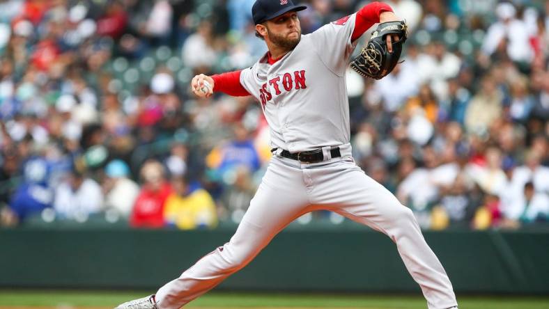 Jun 12, 2022; Seattle, Washington, USA;  Boston Red Sox starting pitcher Kutter Crawford (50) delivers during the first inning against the Seattle Mariners at T-Mobile Park. Mandatory Credit: Lindsey Wasson-USA TODAY Sports