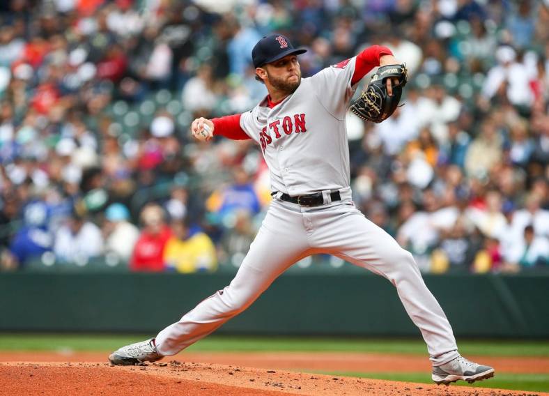 Jun 12, 2022; Seattle, Washington, USA;  Boston Red Sox starting pitcher Kutter Crawford (50) delivers during the first inning against the Seattle Mariners at T-Mobile Park. Mandatory Credit: Lindsey Wasson-USA TODAY Sports