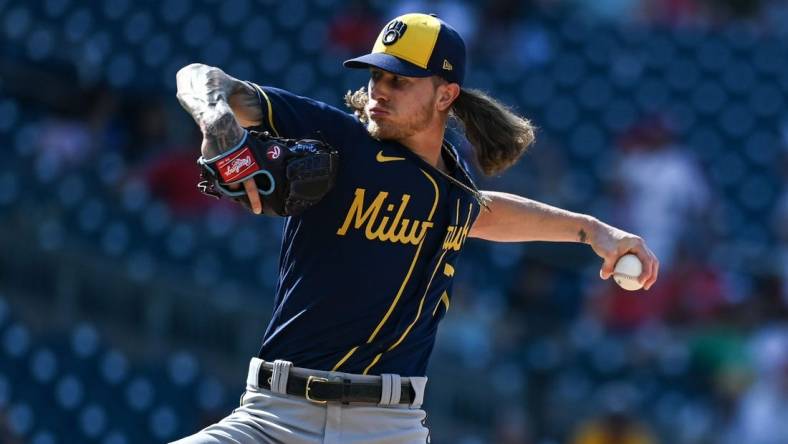 Jun 12, 2022; Washington, District of Columbia, USA;  Milwaukee Brewers relief pitcher Josh Hader (71) throws a ninth inning pitch against the Washington Nationals at Nationals Park. Mandatory Credit: Tommy Gilligan-USA TODAY Sports