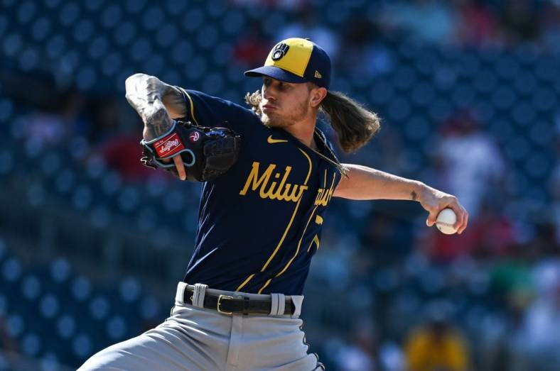 Jun 12, 2022; Washington, District of Columbia, USA;  Milwaukee Brewers relief pitcher Josh Hader (71) throws a ninth inning pitch against the Washington Nationals at Nationals Park. Mandatory Credit: Tommy Gilligan-USA TODAY Sports