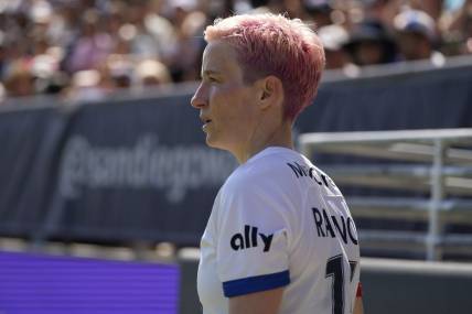 Jun 12, 2022; San Diego, California, USA; OL Reign forward Megan Rapinoe (15) looks on in the second half against the San Diego Wave FC at Torero Stadium. Mandatory Credit: Ray Acevedo-USA TODAY Sports