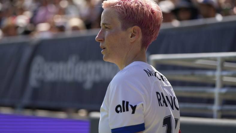 Jun 12, 2022; San Diego, California, USA; OL Reign forward Megan Rapinoe (15) looks on in the second half against the San Diego Wave FC at Torero Stadium. Mandatory Credit: Ray Acevedo-USA TODAY Sports