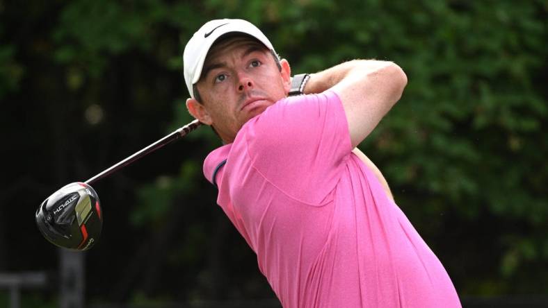 Jun 12, 2022; Etobicoke, Ontario, CAN;  Rory McIlroy hit his tee shot on the 17th hole during the final round of the RBC Canadian Open golf tournament. Mandatory Credit: Dan Hamilton-USA TODAY Sports