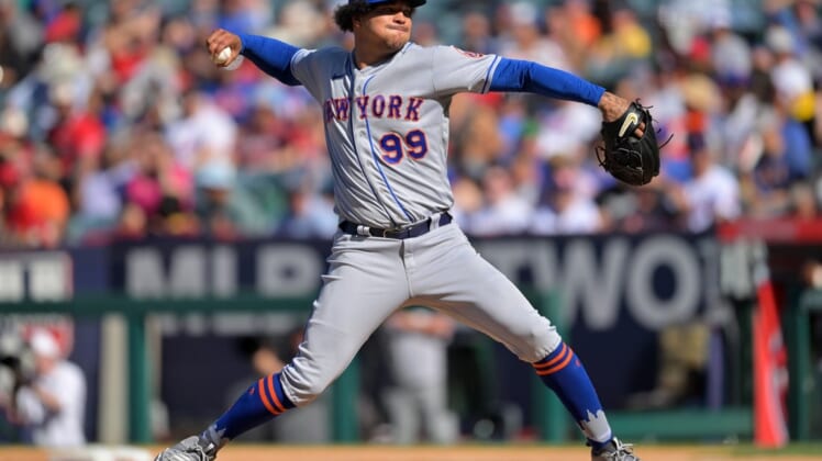 Jun 12, 2022; Anaheim, California, USA;  New York Mets starting pitcher Taijuan Walker (99) pitches in the second inning of the game against the Los Angeles Angels at Angel Stadium. Mandatory Credit: Jayne Kamin-Oncea-USA TODAY Sports