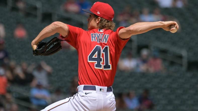 May 15, 2022; Minneapolis, Minnesota, USA; Minnesota Twins starting pitcher Joe Ryan (41) in action against the Cleveland Guardians at Target Field. Mandatory Credit: Jeffrey Becker-USA TODAY Sports