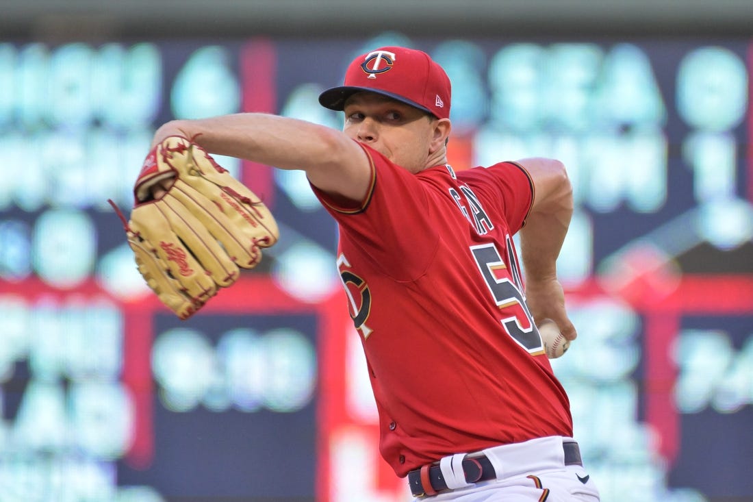 May 13, 2022; Minneapolis, Minnesota, USA; Minnesota Twins starting pitcher Sonny Gray (54) throws a pitch against the Cleveland Guardians at Target Field. Mandatory Credit: Jeffrey Becker-USA TODAY Sports