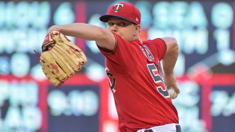 May 13, 2022; Minneapolis, Minnesota, USA; Minnesota Twins starting pitcher Sonny Gray (54) throws a pitch against the Cleveland Guardians at Target Field. Mandatory Credit: Jeffrey Becker-USA TODAY Sports