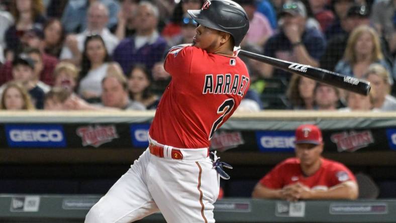 May 13, 2022; Minneapolis, Minnesota, USA; Minnesota Twins second baseman Luis Arraez (2) in action against the Cleveland Guardians at Target Field. Mandatory Credit: Jeffrey Becker-USA TODAY Sports