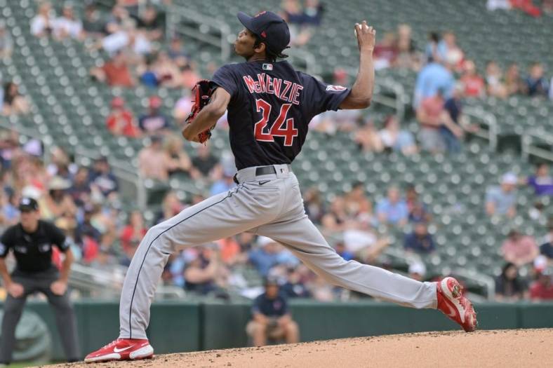 May 15, 2022; Minneapolis, Minnesota, USA; Cleveland Guardians starting pitcher Triston McKenzie (24) in action against the Minnesota Twins at Target Field. Mandatory Credit: Jeffrey Becker-USA TODAY Sports