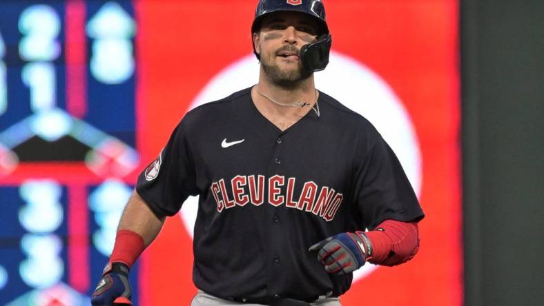 May 13, 2022; Minneapolis, Minnesota, USA; Cleveland Guardians catcher Austin Hedges (17) in action against the Minnesota Twins at Target Field. Mandatory Credit: Jeffrey Becker-USA TODAY Sports