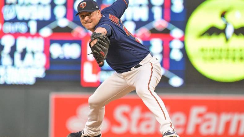 May 14, 2022; Minneapolis, Minnesota, USA; Minnesota Twins relief pitcher Joe Smith (38) in action against the Cleveland Guardians at Target Field. Mandatory Credit: Jeffrey Becker-USA TODAY Sports