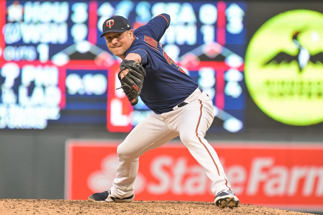 May 14, 2022; Minneapolis, Minnesota, USA; Minnesota Twins relief pitcher Joe Smith (38) in action against the Cleveland Guardians at Target Field. Mandatory Credit: Jeffrey Becker-USA TODAY Sports