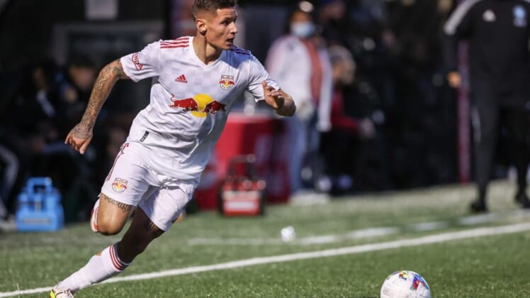 May 25, 2022; Montclair, New Jersey, USA; New York Red Bulls forward Patryk Klimala (9) plays the ball against Charlotte FC during the first half at Montclair State University Soccer Park. Mandatory Credit: Vincent Carchietta-USA TODAY Sports
