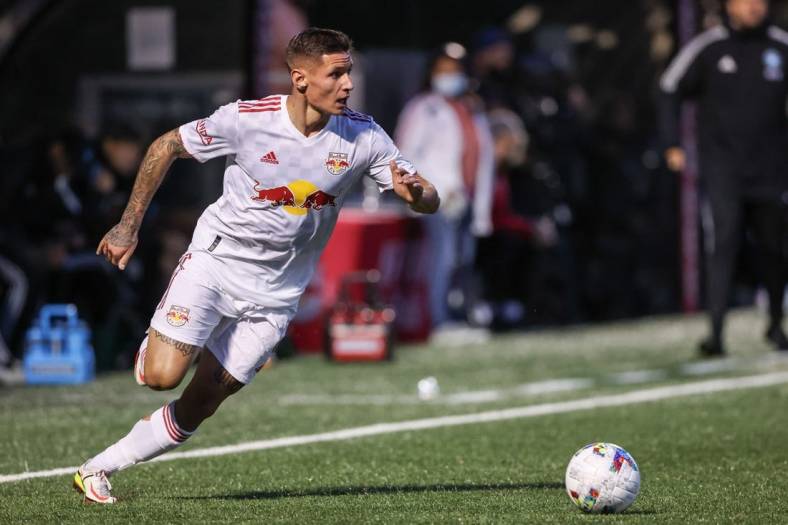 May 25, 2022; Montclair, New Jersey, USA; New York Red Bulls forward Patryk Klimala (9) plays the ball against Charlotte FC during the first half at Montclair State University Soccer Park. Mandatory Credit: Vincent Carchietta-USA TODAY Sports