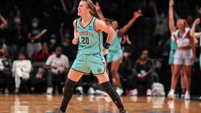 Jun 1, 2022; Brooklyn, New York, USA;  New York Liberty guard Sabrina Ionescu (20) at Barclays Center. Mandatory Credit: Wendell Cruz-USA TODAY Sports