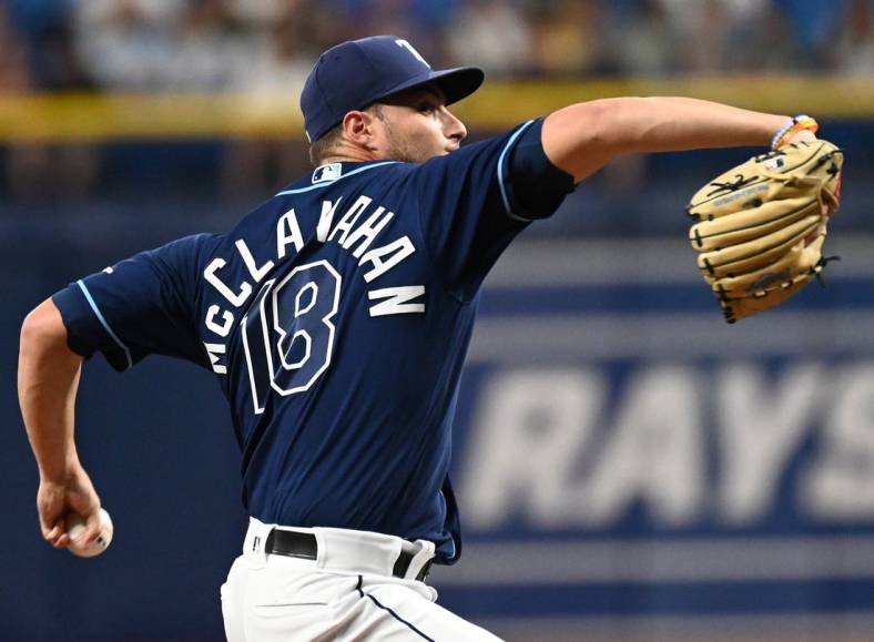 Jun 3, 2022; St. Petersburg, Florida, USA; Tampa Bay Rays pitcher Shane McClanahan (18) throws a pitch in the second inning against the Chicago White Sox at Tropicana Field. Mandatory Credit: Jonathan Dyer-USA TODAY Sports