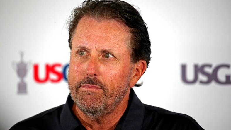 Jun 13, 2022; Brookline, Massachusetts, USA; Phil Mickelson speaks in a press conference during a practice round of the U.S. Open golf tournament at The Country Club. Mandatory Credit: Peter Casey-USA TODAY Sports