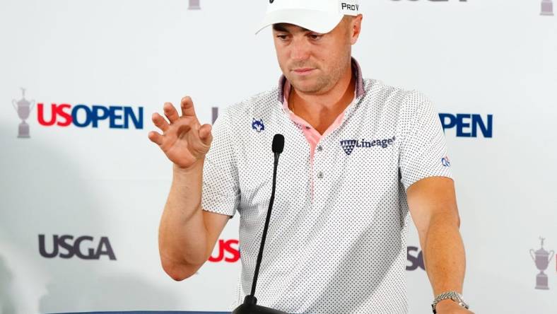 Jun 13, 2022; Brookline, Massachusetts, USA; Justin Thomas addresses the media during a press conference before rounds of the U.S. Open golf tournament at The Country Club. Mandatory Credit: John David Mercer-USA TODAY Sports