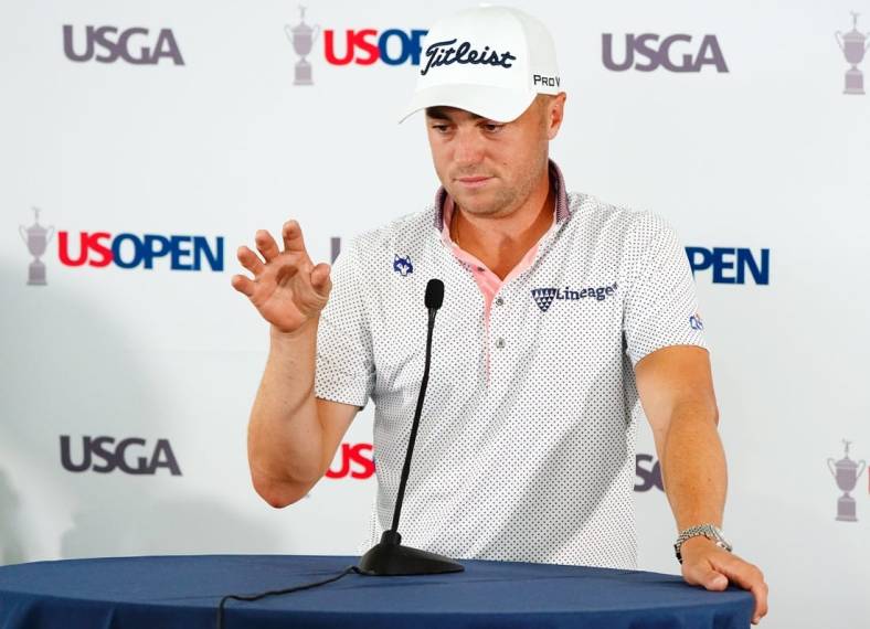 Jun 13, 2022; Brookline, Massachusetts, USA; Justin Thomas addresses the media during a press conference before rounds of the U.S. Open golf tournament at The Country Club. Mandatory Credit: John David Mercer-USA TODAY Sports
