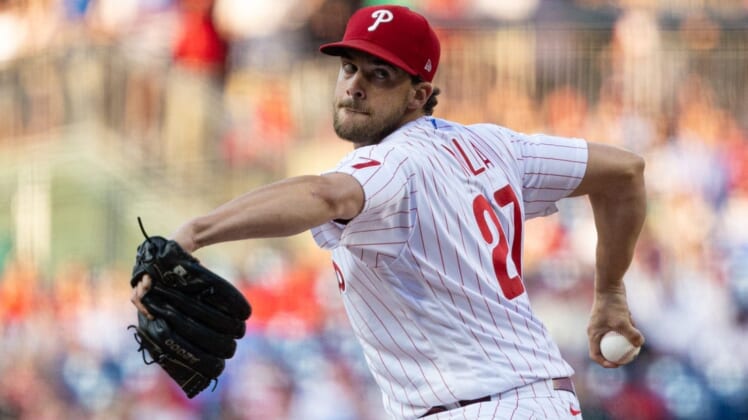 Jun 13, 2022; Philadelphia, Pennsylvania, USA; Philadelphia Phillies starting pitcher Aaron Nola (27) throws a pitch during the first inning against the Miami Marlins at Citizens Bank Park. Mandatory Credit: Bill Streicher-USA TODAY Sports