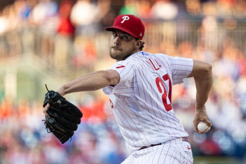 Jun 13, 2022; Philadelphia, Pennsylvania, USA; Philadelphia Phillies starting pitcher Aaron Nola (27) throws a pitch during the first inning against the Miami Marlins at Citizens Bank Park. Mandatory Credit: Bill Streicher-USA TODAY Sports