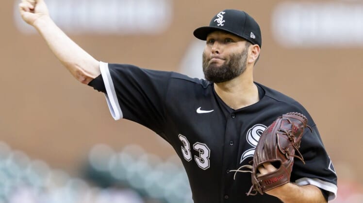 Jun 13, 2022; Detroit, Michigan, USA; Chicago White Sox starting pitcher Lance Lynn (33) pitches during the first inning against the Detroit Tigers at Comerica Park. Mandatory Credit: Raj Mehta-USA TODAY Sports