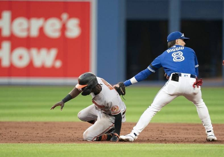 Jun 13, 2022; Toronto, Ontario, CAN; Baltimore Orioles shortstop Jorge Mateo (3) is tagged out by Toronto Blue Jays second baseman Cavan Biggio (8) during the third inning at Rogers Centre. Mandatory Credit: Nick Turchiaro-USA TODAY Sports