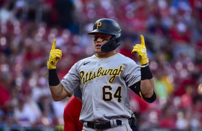 Jun 13, 2022; St. Louis, Missouri, USA;  Pittsburgh Pirates shortstop Diego Castillo (64) reacts after hitting a solo home run against the St. Louis Cardinals during the second inning at Busch Stadium. Mandatory Credit: Jeff Curry-USA TODAY Sports