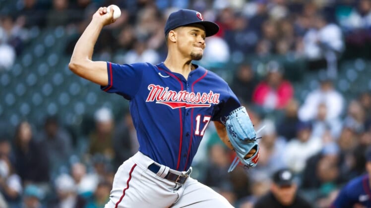 Jun 13, 2022; Seattle, Washington, USA; Minnesota Twins starting pitcher Chris Archer (17) throws against the Seattle Mariners during the second inning at T-Mobile Park. Mandatory Credit: Joe Nicholson-USA TODAY Sports