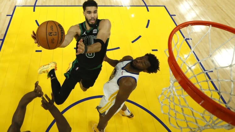 Jun 13, 2022; San Francisco, California, USA; Boston Celtics forward Jayson Tatum (0) goes to the basket in game five of the 2022 NBA Finals Golden State Warriors  at Chase Center. Mandatory Credit: Jed Jacobsohn/Pool Photo-USA TODAY Sports