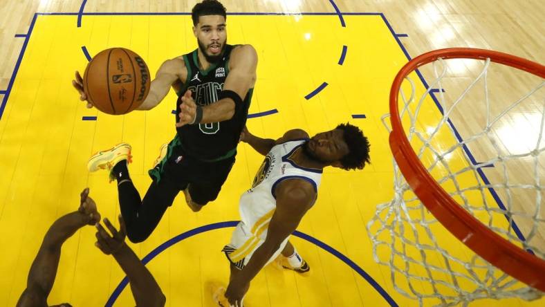 Jun 13, 2022; San Francisco, California, USA; Boston Celtics forward Jayson Tatum (0) goes to the basket in game five of the 2022 NBA Finals Golden State Warriors  at Chase Center. Mandatory Credit: Jed Jacobsohn/Pool Photo-USA TODAY Sports