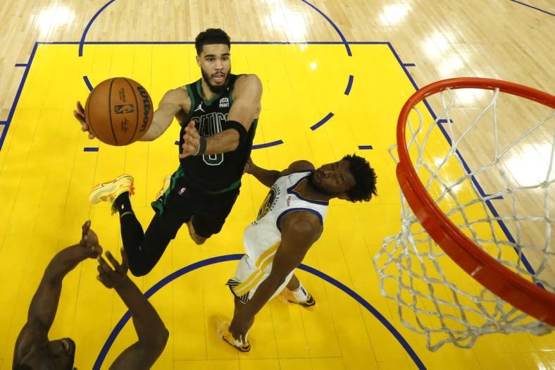 Jun 13, 2022; San Francisco, California, USA; Boston Celtics forward Jayson Tatum (0) goes to the basket in game five of the 2022 NBA Finals Golden State Warriors  at Chase Center. Mandatory Credit: Jed Jacobsohn/Pool Photo-USA TODAY Sports