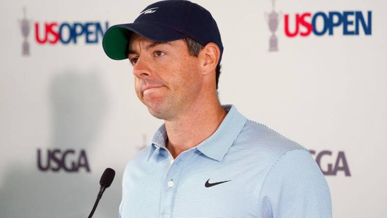 Jun 14, 2022; Brookline, Massachusetts, USA; Rory McIlroy addresses the media during a press conference for the U.S. Open golf tournament at The Country Club. Mandatory Credit: John David Mercer-USA TODAY Sports