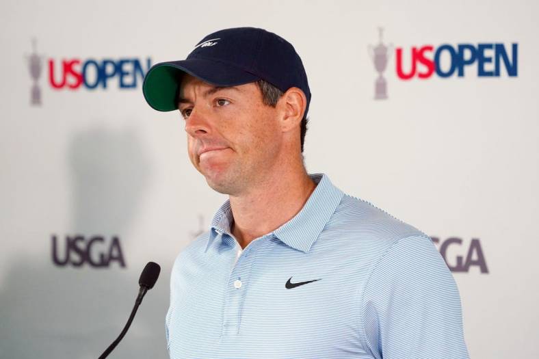 Jun 14, 2022; Brookline, Massachusetts, USA; Rory McIlroy addresses the media during a press conference for the U.S. Open golf tournament at The Country Club. Mandatory Credit: John David Mercer-USA TODAY Sports