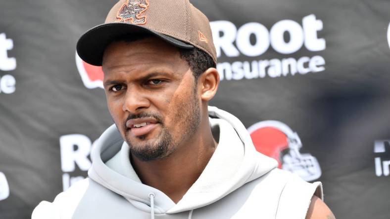 Jun 14, 2022; Cleveland, Ohio, USA; Cleveland Browns quarterback Deshaun Watson talks to the media after minicamp at CrossCountry Mortgage Campus. Mandatory Credit: Ken Blaze-USA TODAY Sports