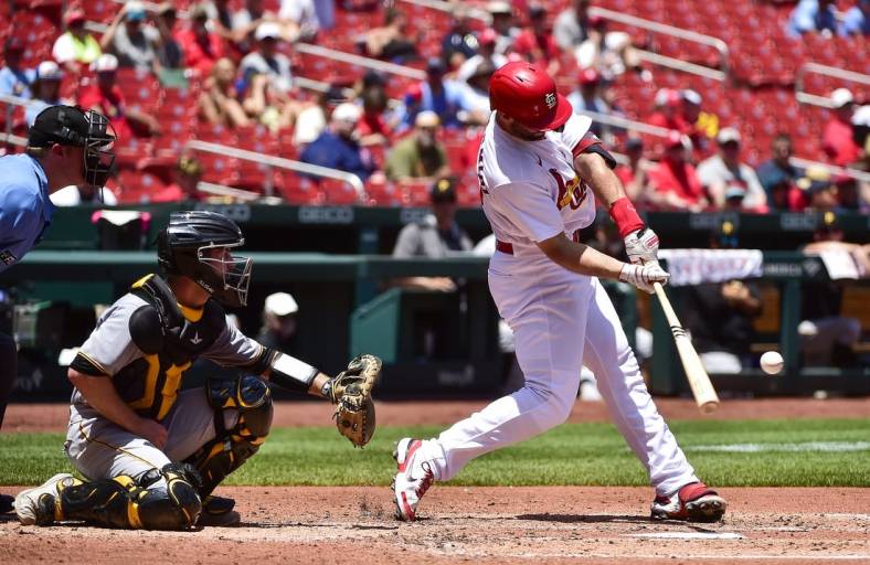 Jun 14, 2022; St. Louis, Missouri, USA;  St. Louis Cardinals designated hitter Paul Goldschmidt (46) hits a two run home run against the Pittsburgh Pirates during the third inning at Busch Stadium. Mandatory Credit: Jeff Curry-USA TODAY Sports