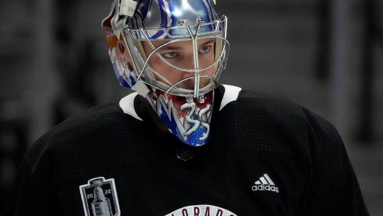 Jun 14, 2022; Denver, Colorado, USA; Colorado Avalanche goaltender Darcy Kuemper (35) during media day for the 2022 Stanley Cup Final at Ball Arena. Mandatory Credit: Ron Chenoy-USA TODAY Sports