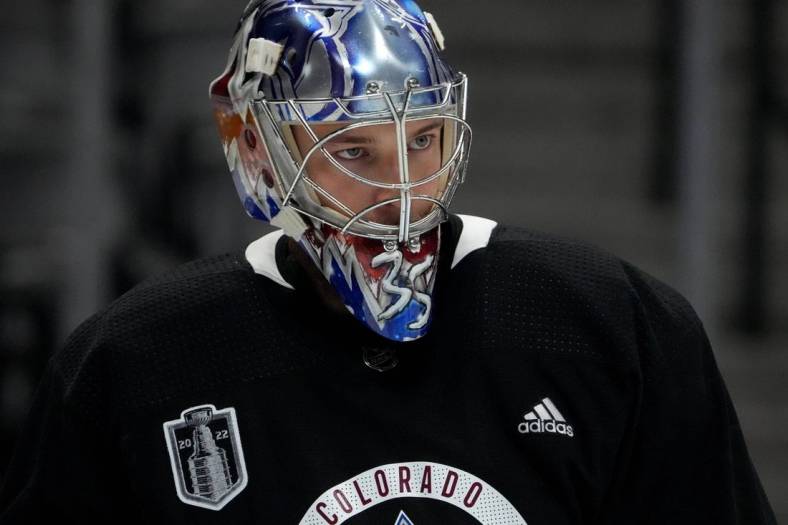 Jun 14, 2022; Denver, Colorado, USA; Colorado Avalanche goaltender Darcy Kuemper (35) during media day for the 2022 Stanley Cup Final at Ball Arena. Mandatory Credit: Ron Chenoy-USA TODAY Sports