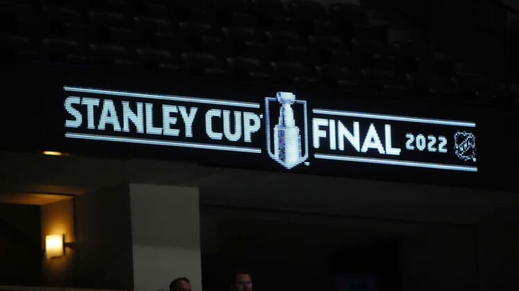 Jun 14, 2022; Denver, Colorado, USA; 2022 Stanley Cup Final signage inside of Ball Arena during media day between the Tampa Bay Lightning against the Colorado Avalanche. Mandatory Credit: Ron Chenoy-USA TODAY Sports