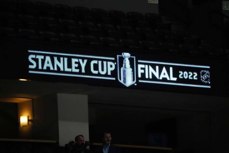 Jun 14, 2022; Denver, Colorado, USA; 2022 Stanley Cup Final signage inside of Ball Arena during media day between the Tampa Bay Lightning against the Colorado Avalanche. Mandatory Credit: Ron Chenoy-USA TODAY Sports